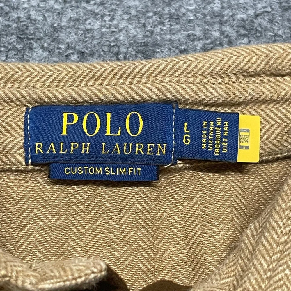 Polo Ralph Lauren Polo Shirt Mens Large Tan Herringbone Long Sleeve Custom Slim